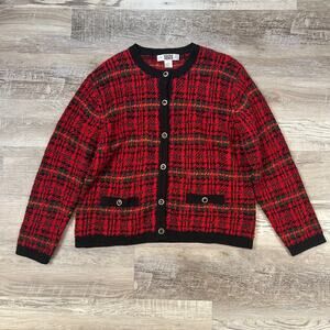 90s Segue Red Plaid Vintage Cardigan Sweater L Black Trim Gold Buttons Pockets